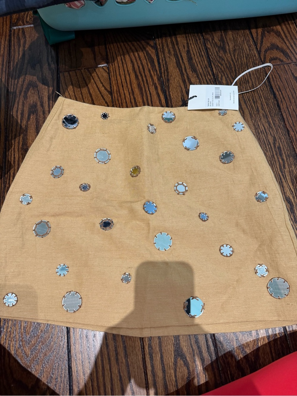 Tanya Taylor Mustard Mini Skirt with Mirrored Disc Embellishments
